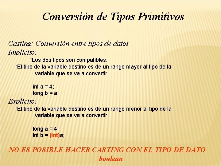 Conversión de Tipos Primitivos Casting: Conversión entre tipos de datos Implícito: *Los dos tipos