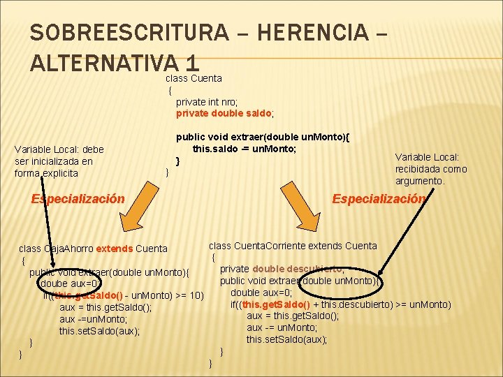 SOBREESCRITURA – HERENCIA – ALTERNATIVA 1 Variable Local: debe ser inicializada en forma explicita