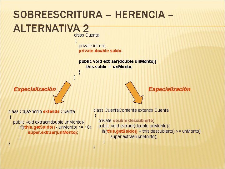 SOBREESCRITURA – HERENCIA – ALTERNATIVA 2 class Cuenta { private int nro; private double