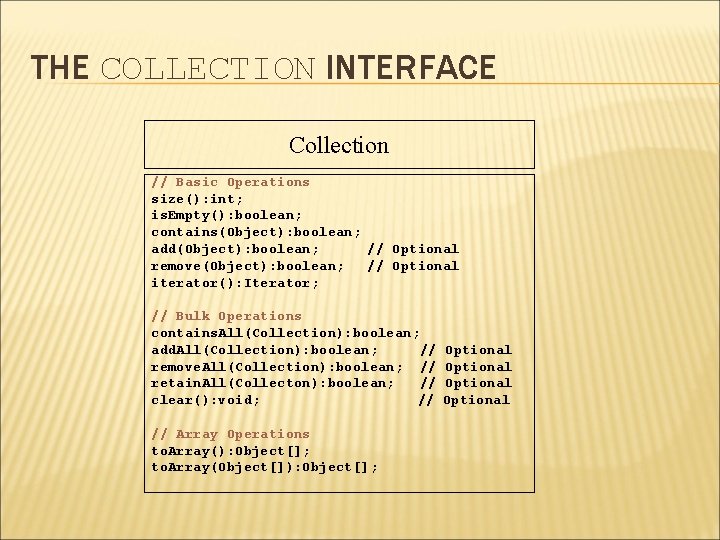 THE COLLECTION INTERFACE Collection // Basic Operations size(): int; is. Empty(): boolean; contains(Object): boolean;