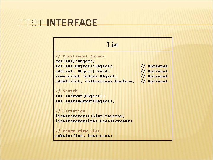 LIST INTERFACE List // Positional Access get(int): Object; set(int, Object): Object; add(int, Object): void;