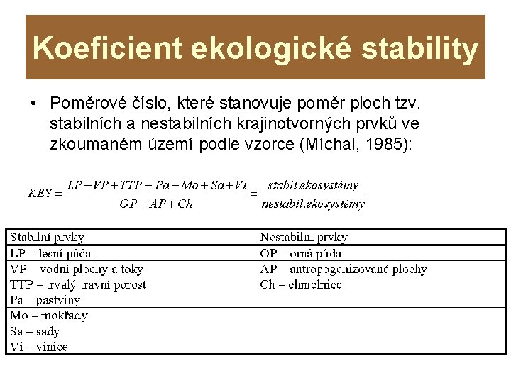 Koeficient ekologické stability • Poměrové číslo, které stanovuje poměr ploch tzv. stabilních a nestabilních