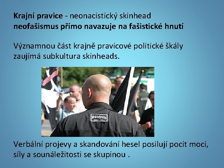 Krajní pravice - neonacistický skinhead neofašismus přímo navazuje na fašistické hnutí Významnou část krajně