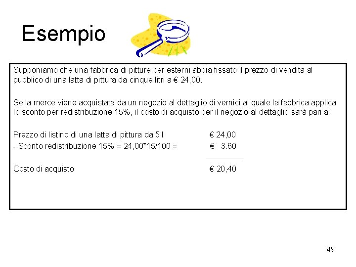 Esempio Supponiamo che una fabbrica di pitture per esterni abbia fissato il prezzo di