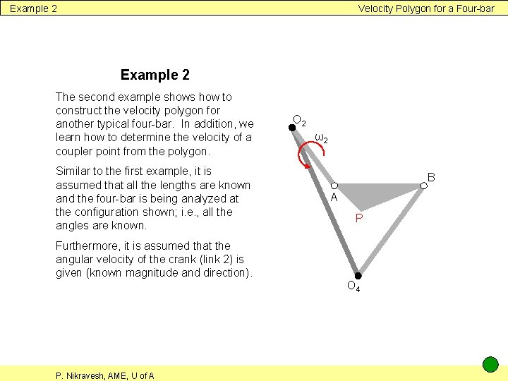 Example 2 Velocity Polygon for a Four-bar Example 2 The second example shows how