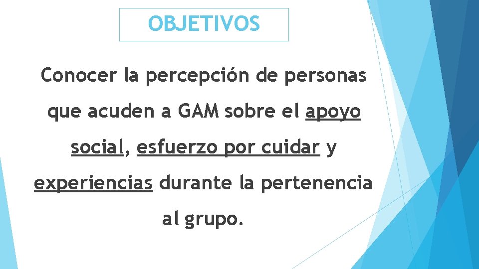 OBJETIVOS Conocer la percepción de personas que acuden a GAM sobre el apoyo social,
