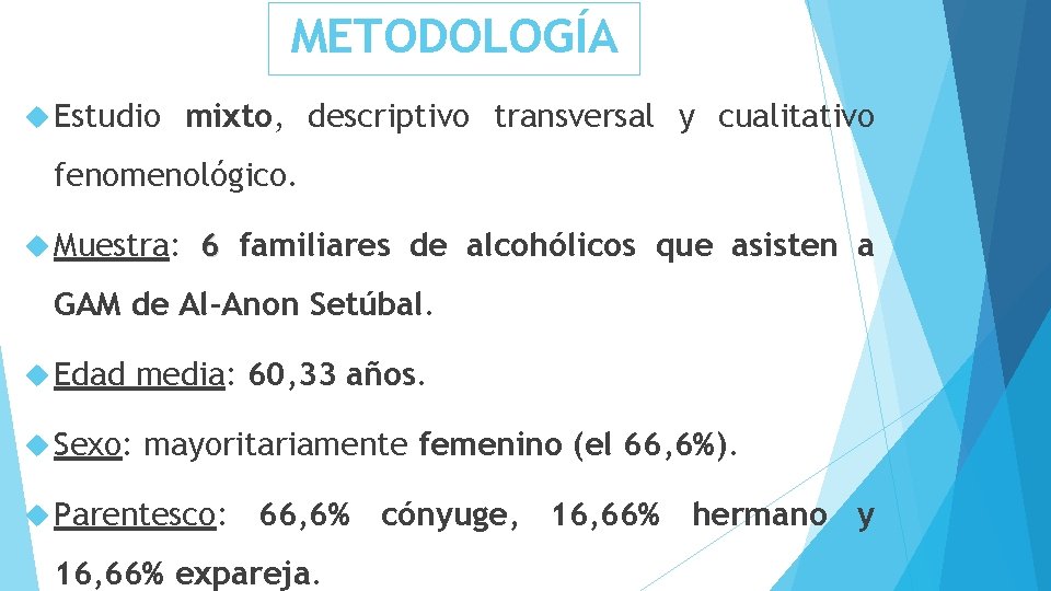 METODOLOGÍA Estudio mixto, descriptivo transversal y cualitativo fenomenológico. Muestra: 6 familiares de alcohólicos que