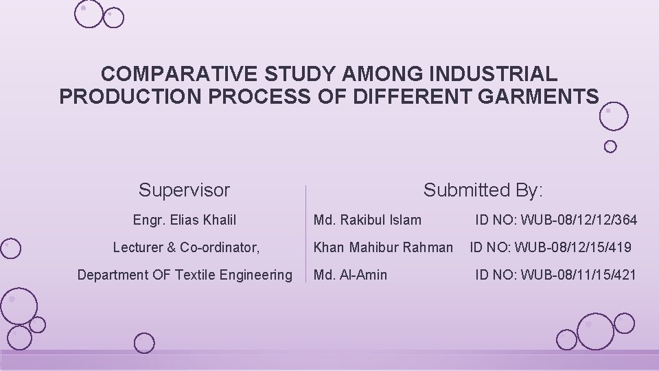 COMPARATIVE STUDY AMONG INDUSTRIAL PRODUCTION PROCESS OF DIFFERENT GARMENTS Supervisor Submitted By: Engr. Elias