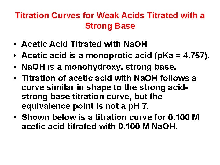 Titration Curves for Weak Acids Titrated with a Strong Base • • Acetic Acid