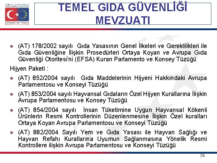 TEMEL GIDA GÜVENLİĞİ MEVZUATI l (AT) 178/2002 sayılı Gıda Yasasının Genel İlkeleri ve Gereklilikleri TEMEL GIDA GÜVENLİĞİ MEVZUATI l (AT) 178/2002 sayılı Gıda Yasasının Genel İlkeleri ve Gereklilikleri