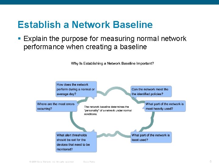 Establish a Network Baseline § Explain the purpose for measuring normal network performance when