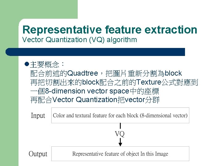 Representative feature extraction Vector Quantization (VQ) algorithm l主要概念: 配合前述的Quadtree,把圖片重新分割為block 再把切割出來的block配合之前的Texture公式對應到 一個8 -dimension vector space中的座標 Representative feature extraction Vector Quantization (VQ) algorithm l主要概念: 配合前述的Quadtree,把圖片重新分割為block 再把切割出來的block配合之前的Texture公式對應到 一個8 -dimension vector space中的座標