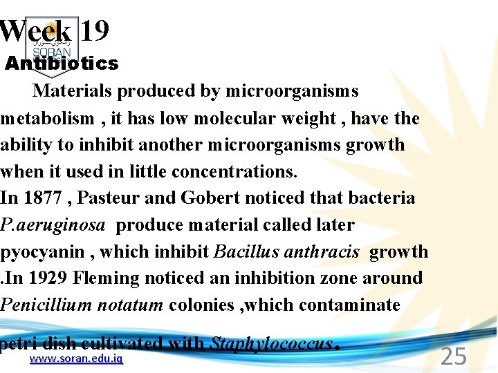 Week 19 Antibiotics Materials produced by microorganisms metabolism , it has low molecular weight