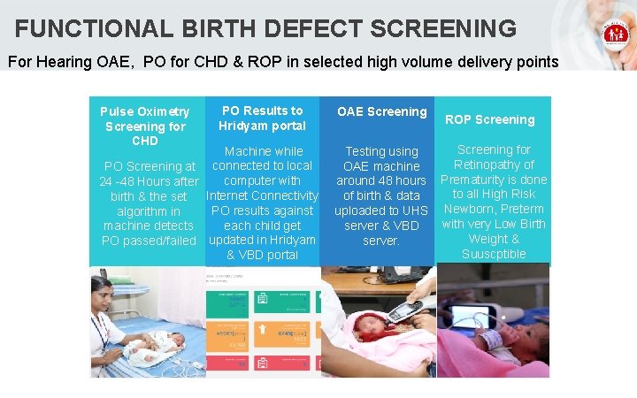 FUNCTIONAL BIRTH DEFECT SCREENING For Hearing OAE, PO for CHD & ROP in selected