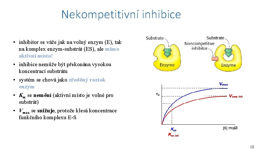 Nekompetitivní inhibice • inhibitor se váže jak na volný enzym (E), tak na komplex