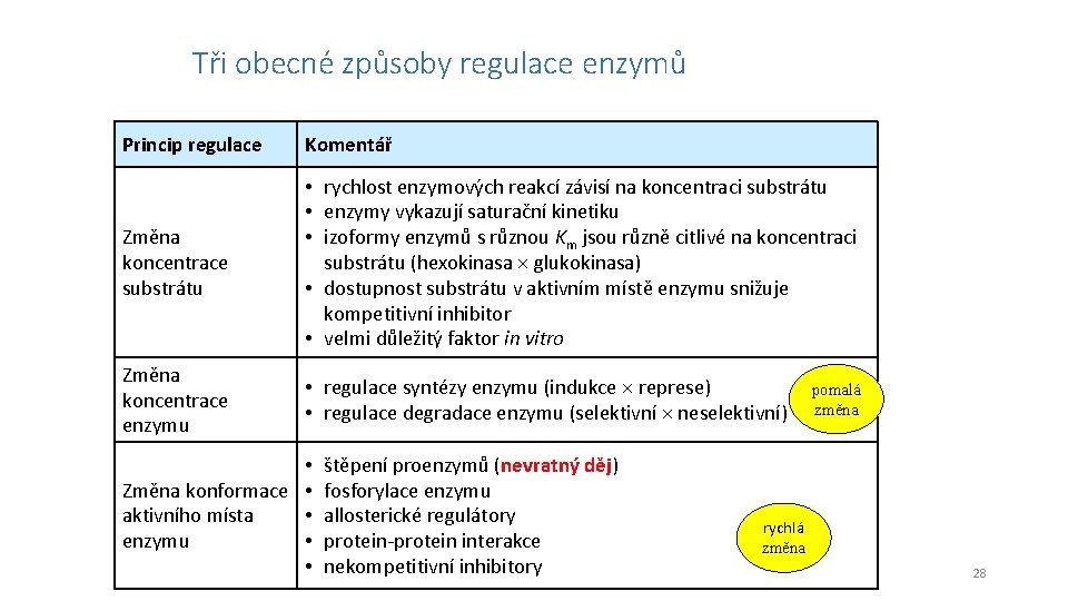 Tři obecné způsoby regulace enzymů Princip regulace Komentář Změna koncentrace substrátu • rychlost enzymových