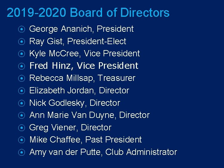 2019 -2020 Board of Directors ⦿ ⦿ ⦿ George Ananich, President Ray Gist, President-Elect