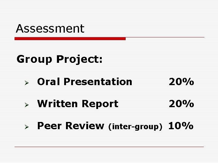 Assessment Group Project: Ø Oral Presentation 20% Ø Written Report 20% Ø Peer Review