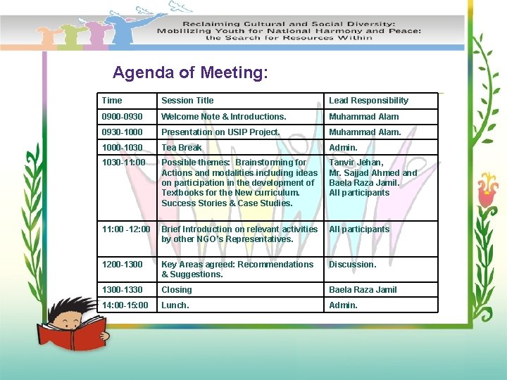 Agenda of Meeting: Time Session Title Lead Responsibility 0900 -0930 Welcome Note & Introductions.