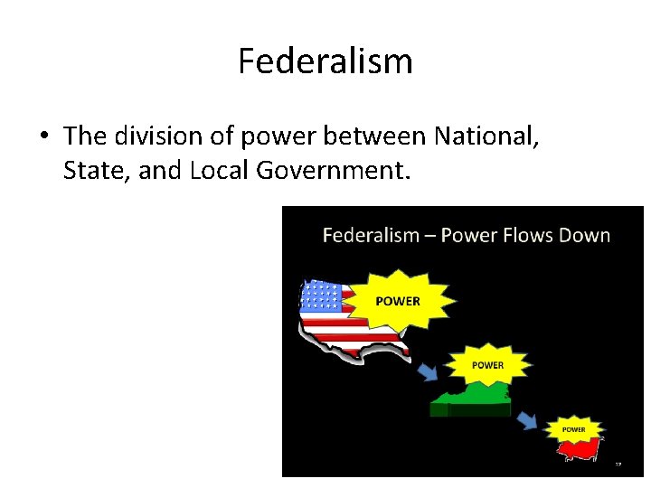 Federalism • The division of power between National, State, and Local Government. 