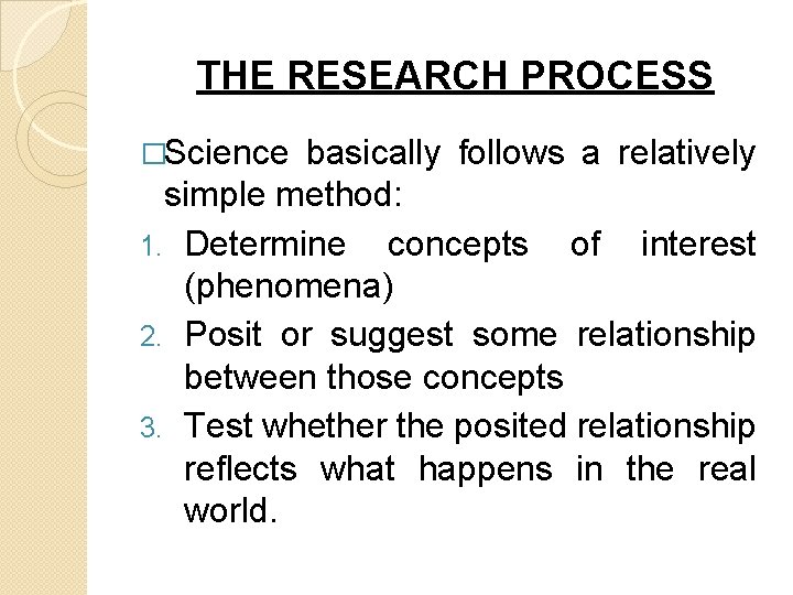 THE RESEARCH PROCESS �Science basically follows a relatively simple method: 1. Determine concepts of