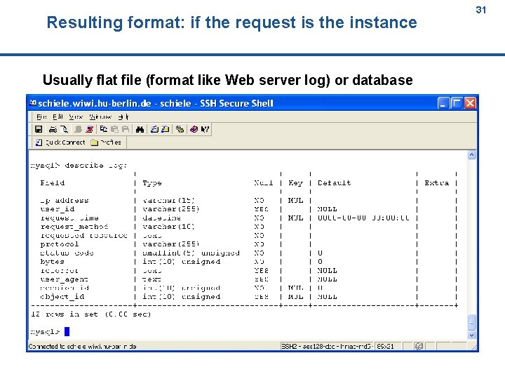 Resulting format: if the request is the instance 31 31 Usually flat file (format