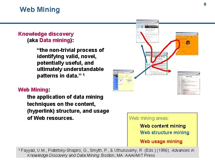 9 Web Mining 9 Knowledge discovery (aka Data mining): “the non-trivial process of identifying