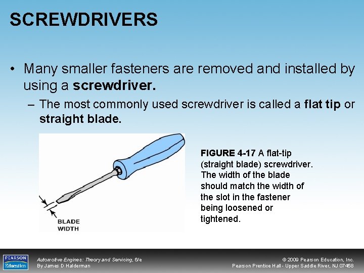 SCREWDRIVERS • Many smaller fasteners are removed and installed by using a screwdriver. –