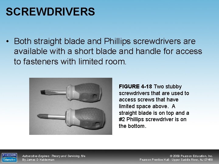 SCREWDRIVERS • Both straight blade and Phillips screwdrivers are available with a short blade