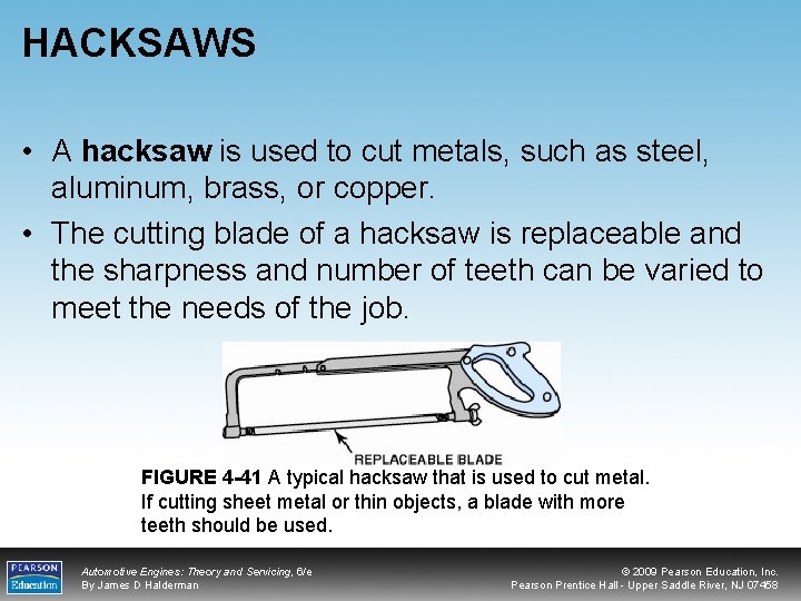 HACKSAWS • A hacksaw is used to cut metals, such as steel, aluminum, brass,