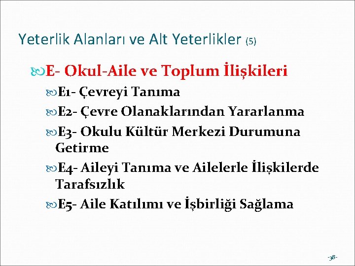 Yeterlik Alanları ve Alt Yeterlikler (5) E- Okul-Aile ve Toplum İlişkileri E 1 -