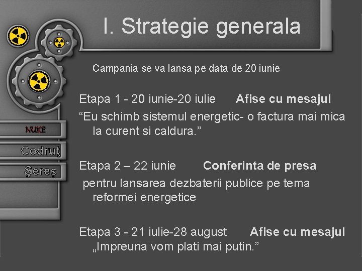 I. Strategie generala Campania se va lansa pe data de 20 iunie NUKE Etapa