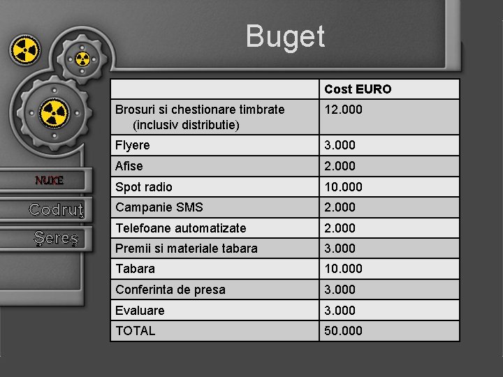 Buget Cost EURO NUKE Codruţ Şereş Brosuri si chestionare timbrate (inclusiv distributie) 12. 000