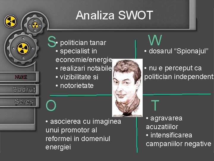 Analiza SWOT S • • politician tanar specialist in NUKE Codruţ Şereş economie/energie •