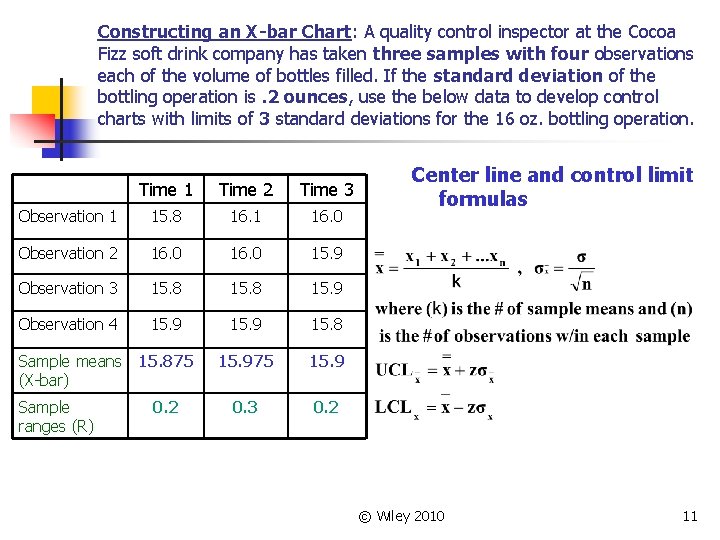 Constructing an X-bar Chart: A quality control inspector at the Cocoa Fizz soft drink