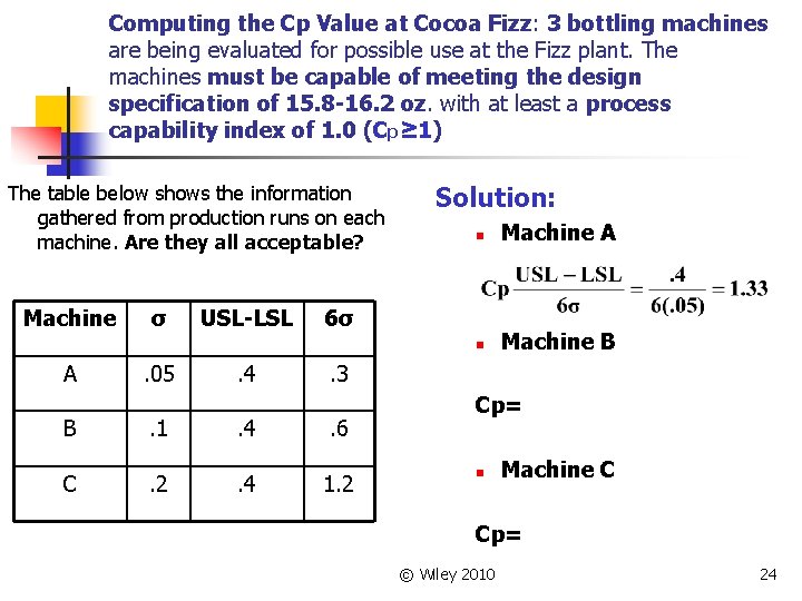 Computing the Cp Value at Cocoa Fizz: 3 bottling machines are being evaluated for