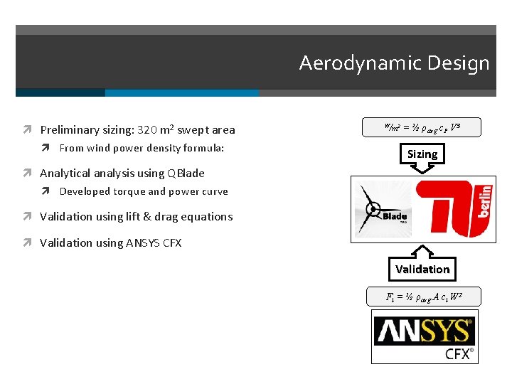 Aerodynamic Design Preliminary sizing: 320 m 2 swept area From wind power density formula: