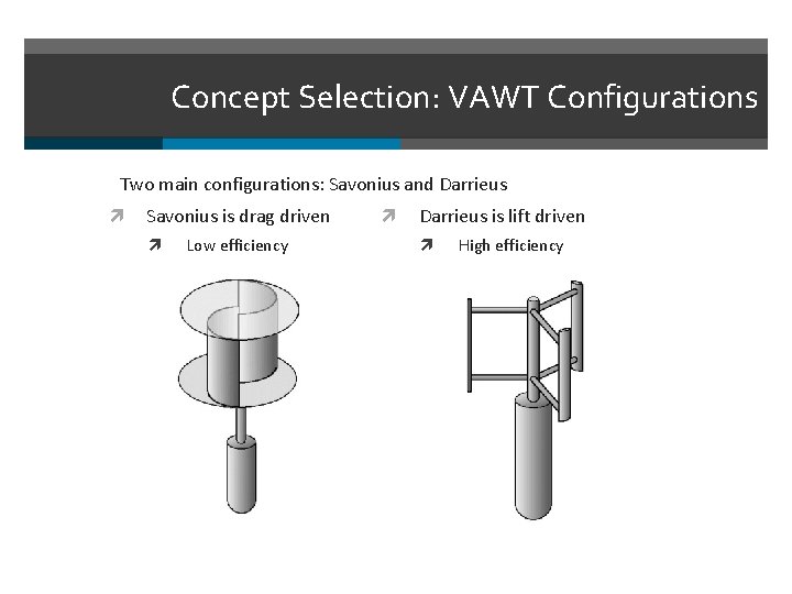 Concept Selection: VAWT Configurations Two main configurations: Savonius and Darrieus Savonius is drag driven