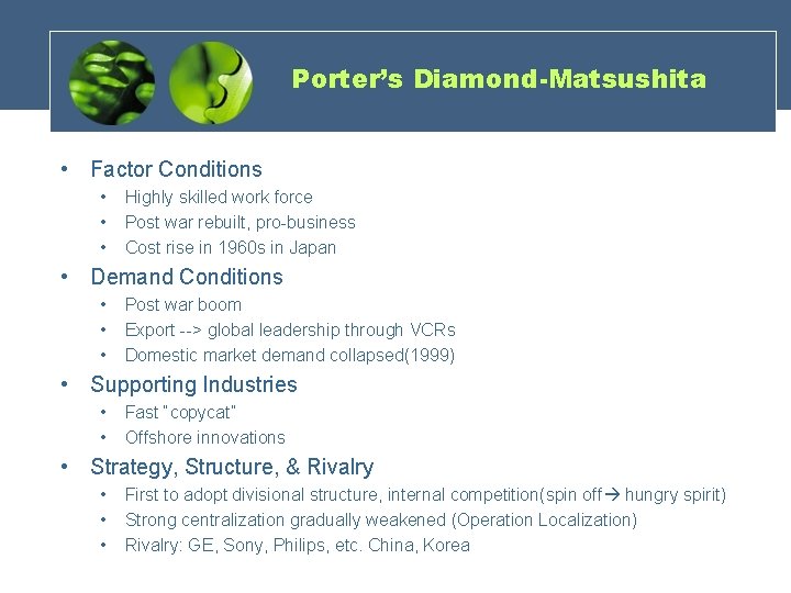 Porter’s Diamond-Matsushita • Factor Conditions • • • Highly skilled work force Post war