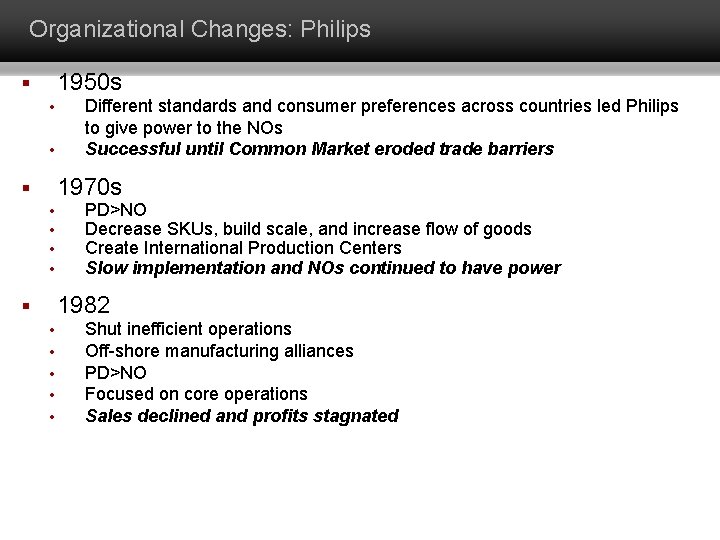 Organizational Changes: Philips 1950 s § • • Different standards and consumer preferences across