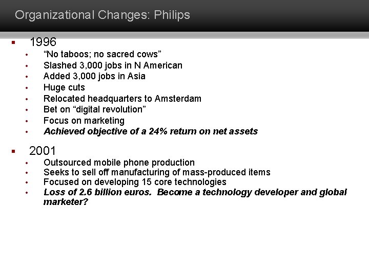 Organizational Changes: Philips 1996 § • • “No taboos; no sacred cows” Slashed 3,