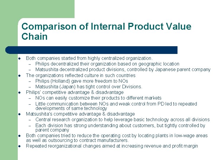 Comparison of Internal Product Value Chain l l l Both companies started from highly