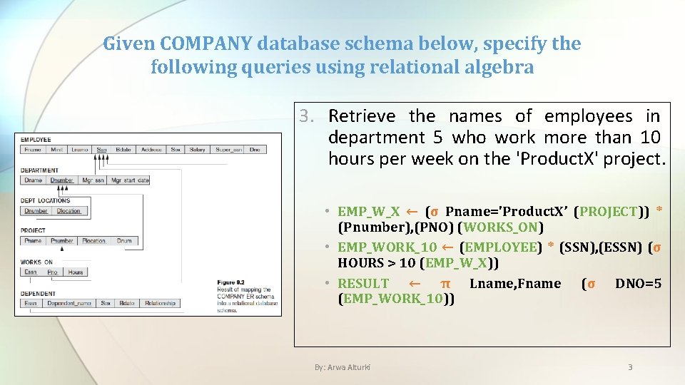 Given COMPANY database schema below, specify the following queries using relational algebra 3. Retrieve