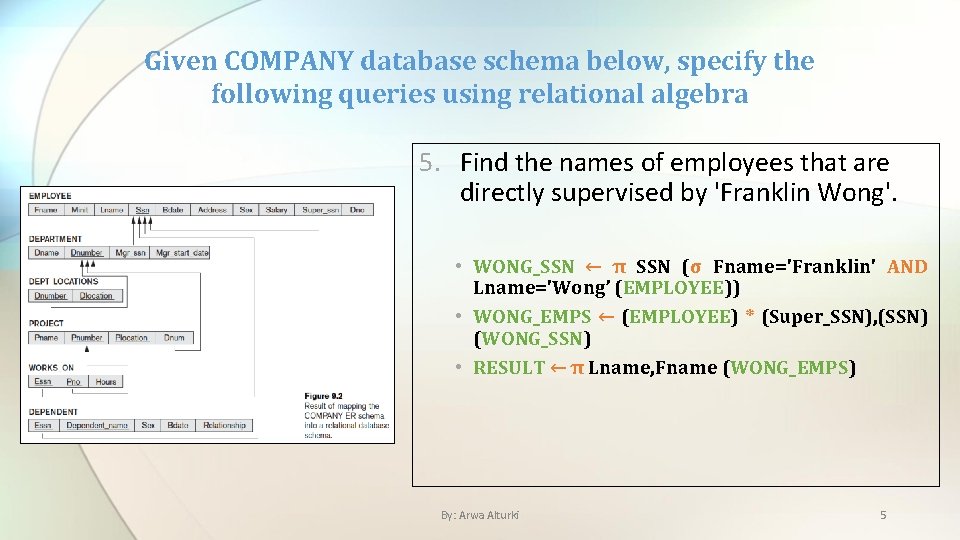 Given COMPANY database schema below, specify the following queries using relational algebra 5. Find