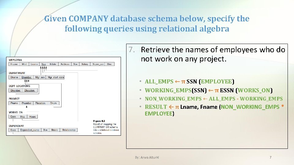 Given COMPANY database schema below, specify the following queries using relational algebra 7. Retrieve