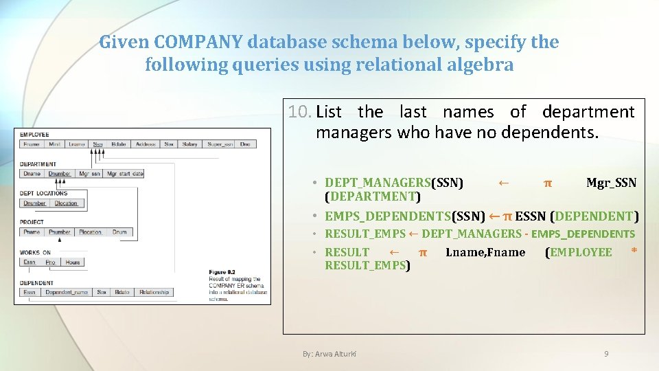 Given COMPANY database schema below, specify the following queries using relational algebra 10. List