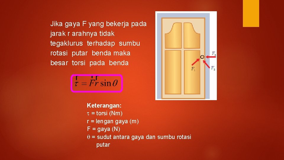 Jika gaya F yang bekerja pada jarak r arahnya tidak tegaklurus terhadap sumbu rotasi