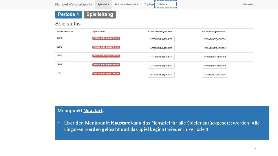 Menüpunkt Neustart: • Über den Menüpunkt Neustart kann das Planspiel für alle Spieler zurückgesetzt