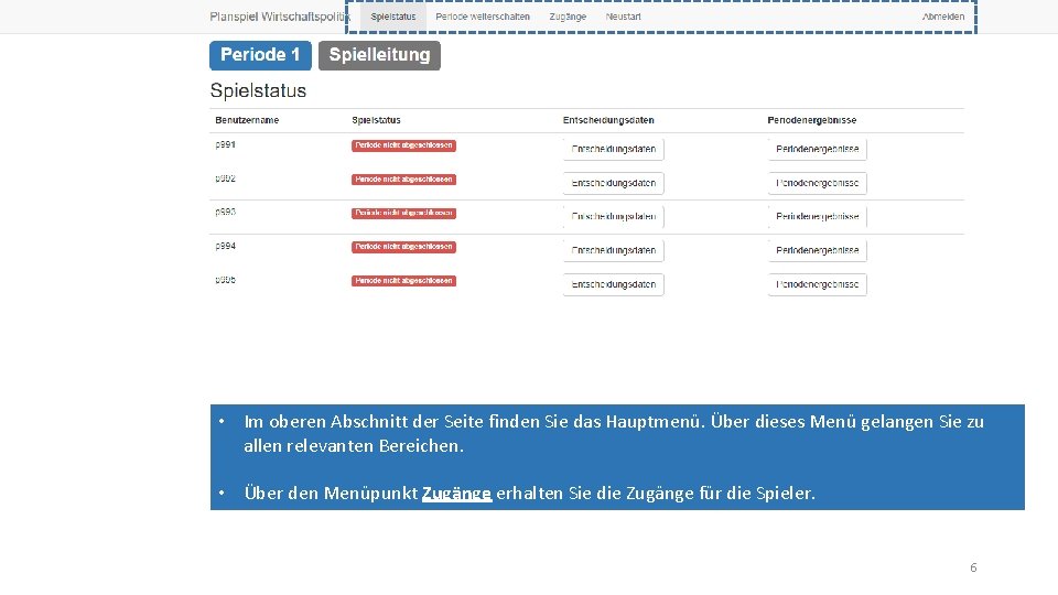  • Im oberen Abschnitt der Seite finden Sie das Hauptmenü. Über dieses Menü