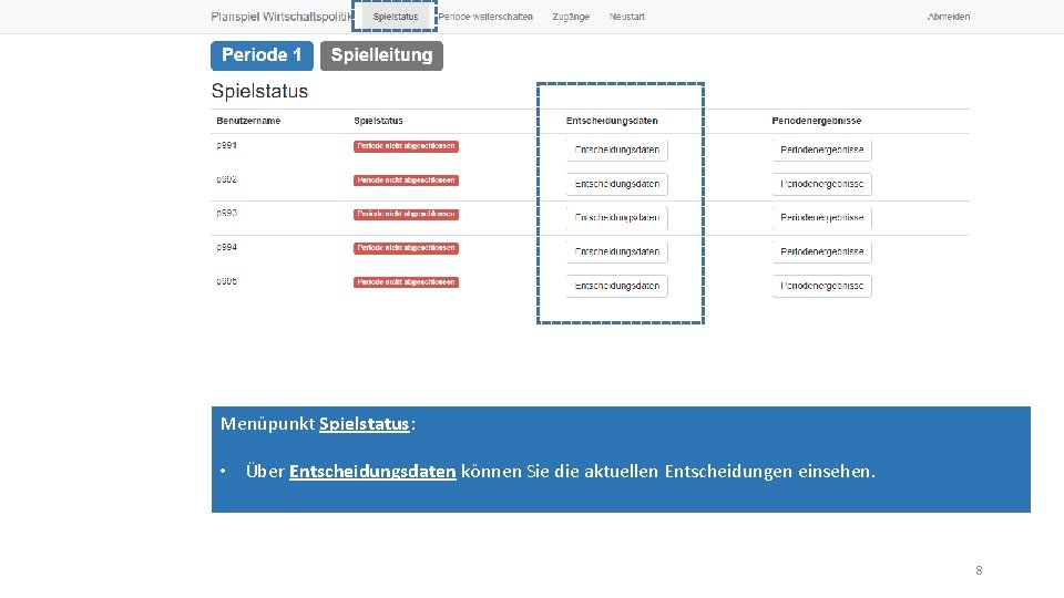 Menüpunkt Spielstatus: • Über Entscheidungsdaten können Sie die aktuellen Entscheidungen einsehen. 8 